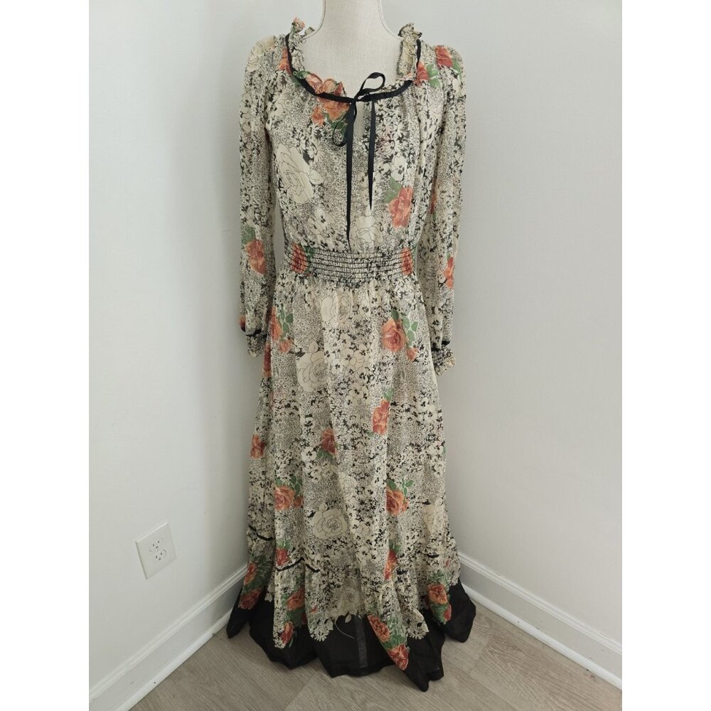 Floral Boho Cottagecore Prairie Hippie Sheer Ruffle Flowy Maxi Dress S 9/10